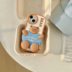 3D Cute Cartoon Fat Bear Silicone Telescopic Bracket Phone Case For iPhone