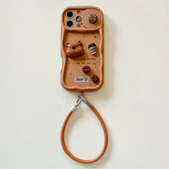 3D Coffee Cartoon Bear Phone Case With Wrist Strap For iPhone