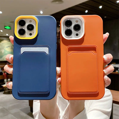 3 in 1 Card Holder Wallet Solid Color Skin Feel Phone Case For iPhone