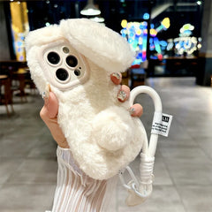 3D Cute Cartoon Rabbit Ears Warm Furry Plush Bunny Phone Case With Lanyard For iPhone