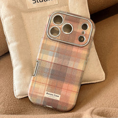 Korean Grid Pattern Cloth Texture Plating Phone Case With Stars Strap For iPhone